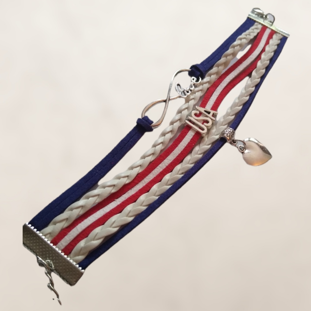 Last One! Patriotic Red White Blue Layered USA Charm Bracelet
